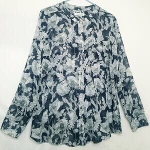 Liz Claiborne Navy White Floral Sheer Button Up Long Slv Size See Measurement's